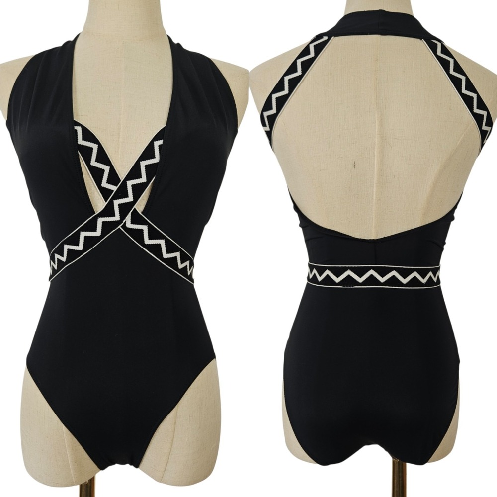 Vintage Herve Leger One Piece Swimsuit Sz M Black White Zig Zag Elastic Straps